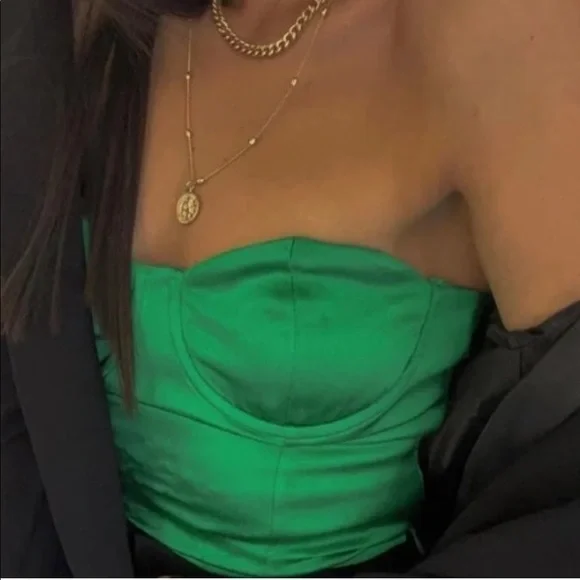 New Zara | Green Satin Effect Corset Crop Top - Picture 7 of 17
